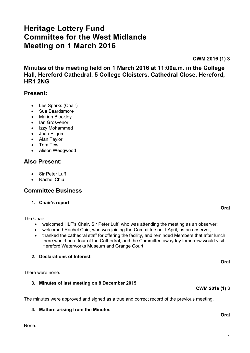 Heritage Lottery Fund Committee for the West Midlands Meeting on 1 March 2016