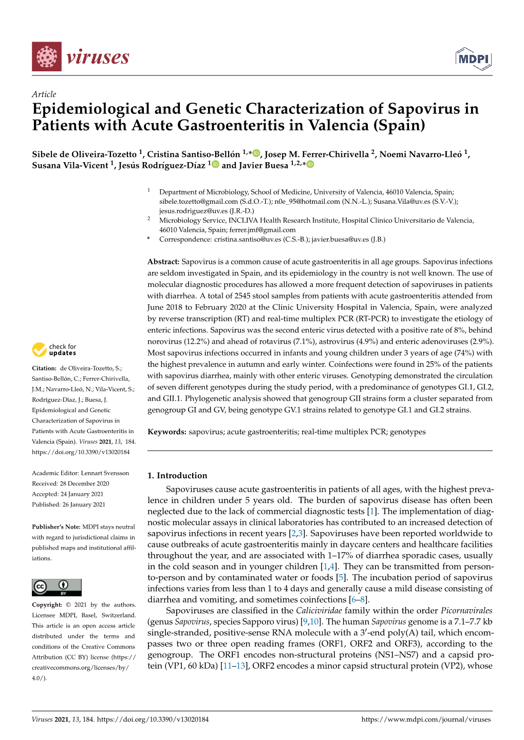 Epidemiological and Genetic Characterization of Sapovirus in Patients with Acute Gastroenteritis in Valencia (Spain)