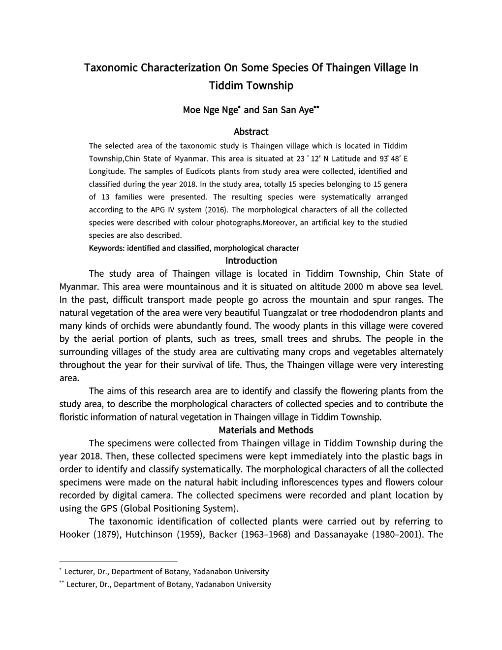 Taxonomic Characterization on Some Species of Thaingen Village in Tiddim Township