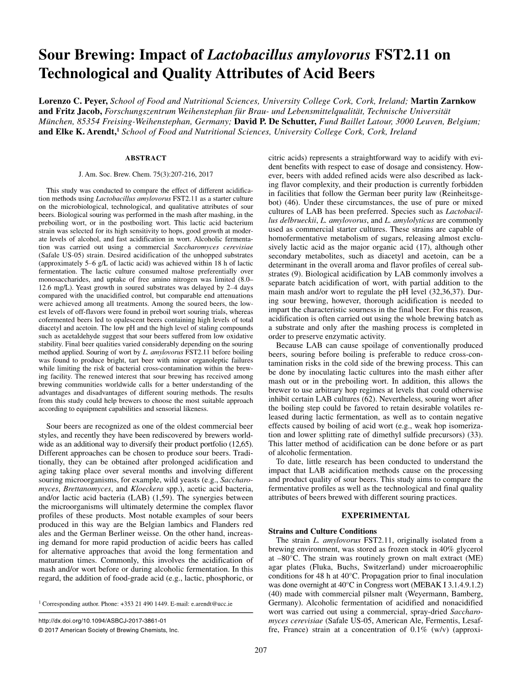 Sour Brewing: Impact of Lactobacillus Amylovorus FST2.11 on Technological and Quality Attributes of Acid Beers