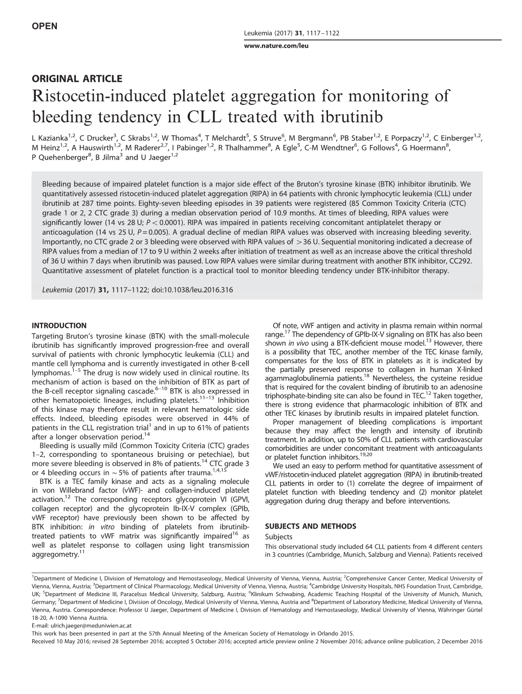 Ristocetin-Induced Platelet Aggregation for Monitoring of Bleeding Tendency in CLL Treated with Ibrutinib