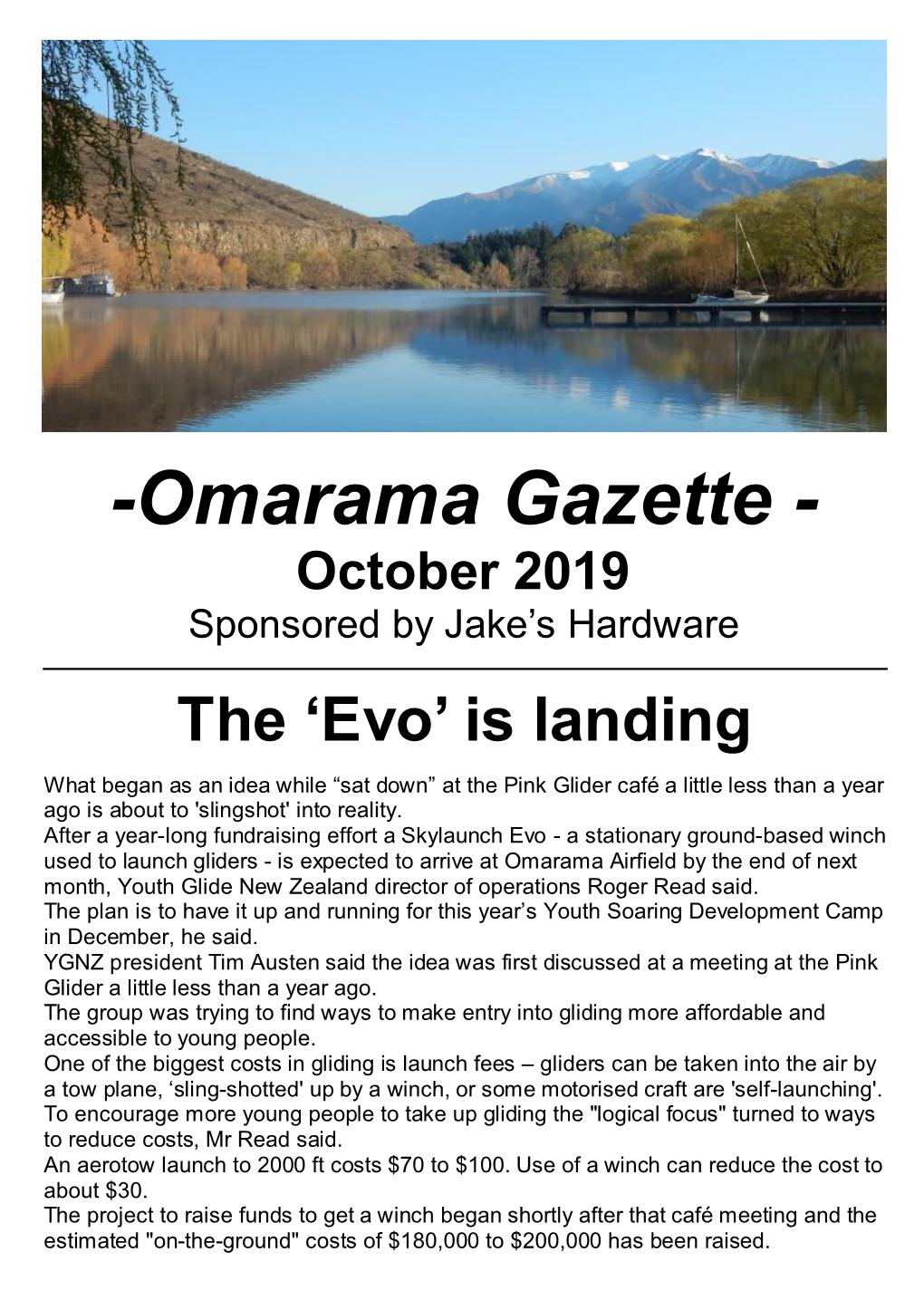 Omarama Gazette - October 2019 Sponsored by Jake’S Hardware the ‘Evo’ Is Landing