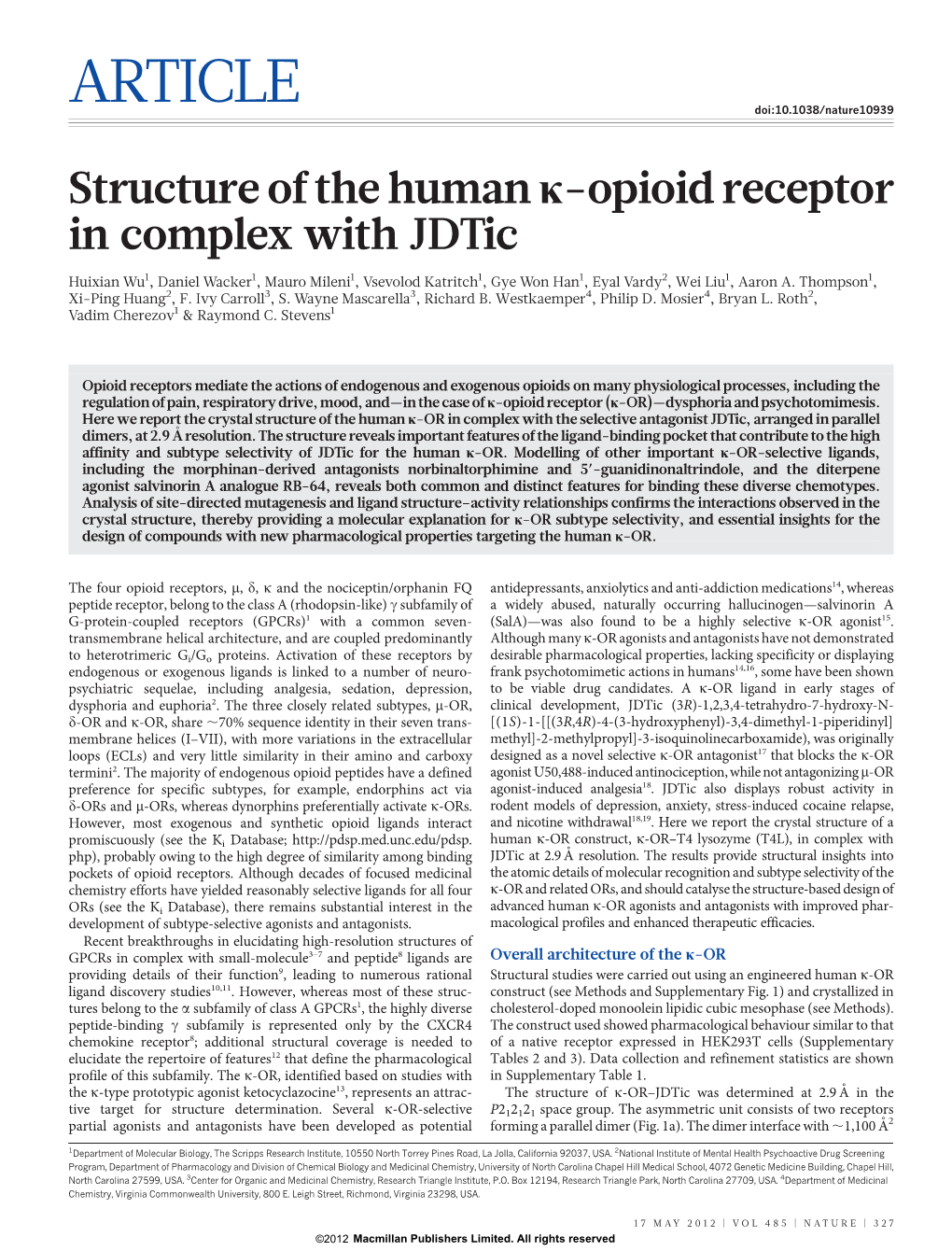 Structure of the Human Κ-Opioid Receptor in Complex with Jdtic