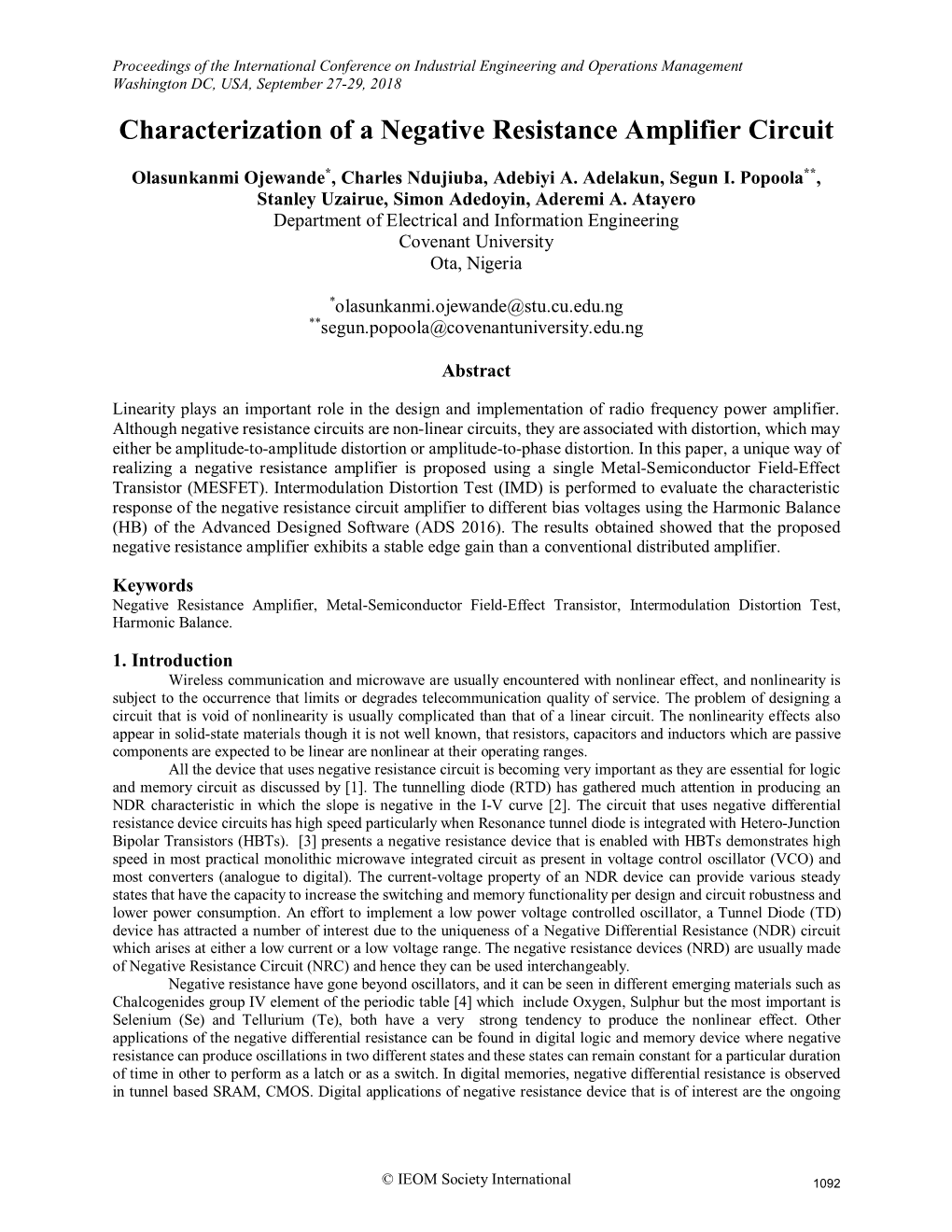 ID 275 Characterization of a Negative Resistance Amplifier Circuit