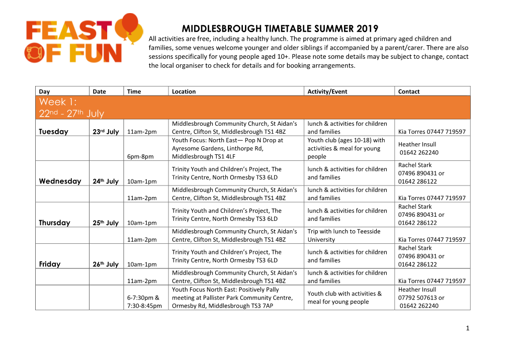 MIDDLESBROUGH TIMETABLE SUMMER 2019 Week 1