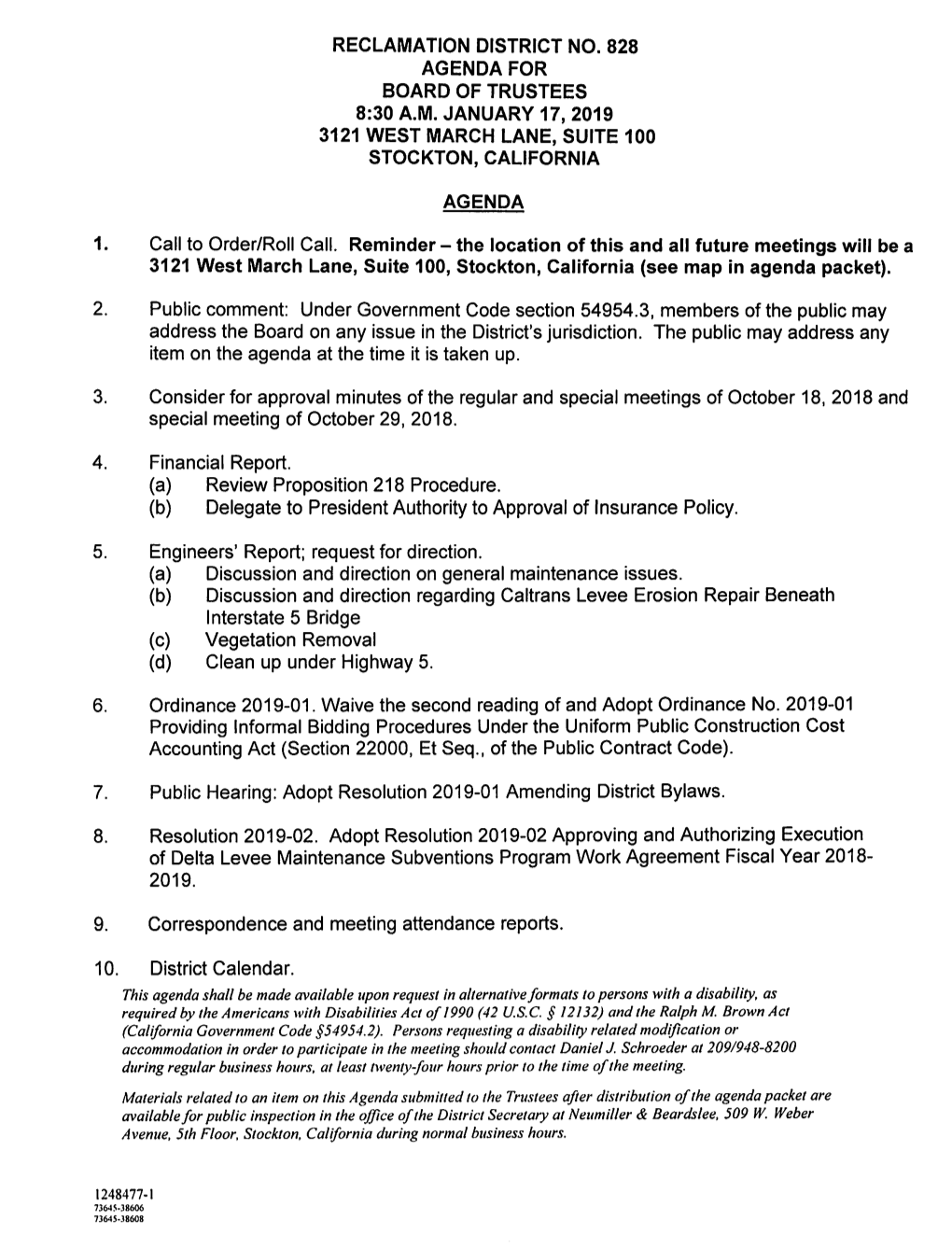 Reclamation District No. 828 Agenda for Board of Trustees 8:30 A.M