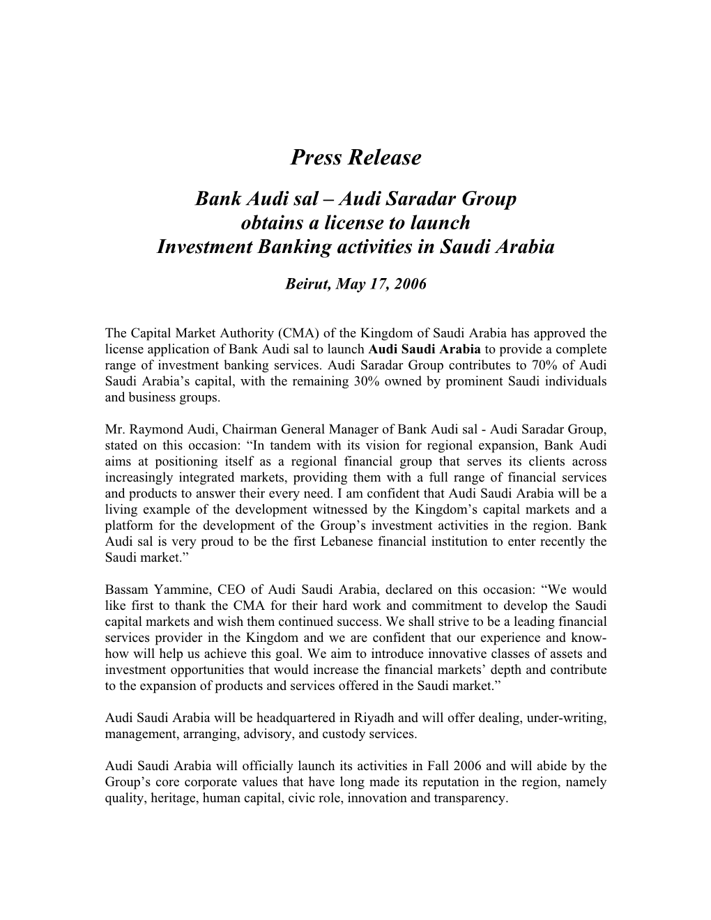 Press Release Bank Audi Sal – Audi Saradar Group Obtains a License To