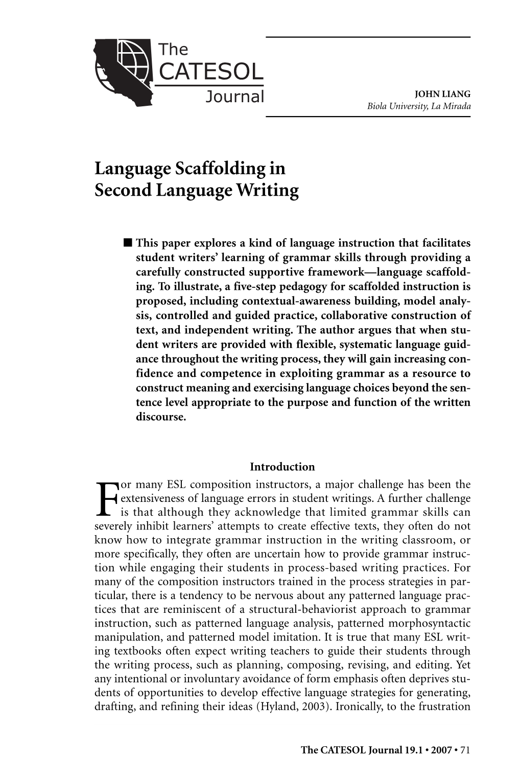 Language Scaffolding in Second Language Writing