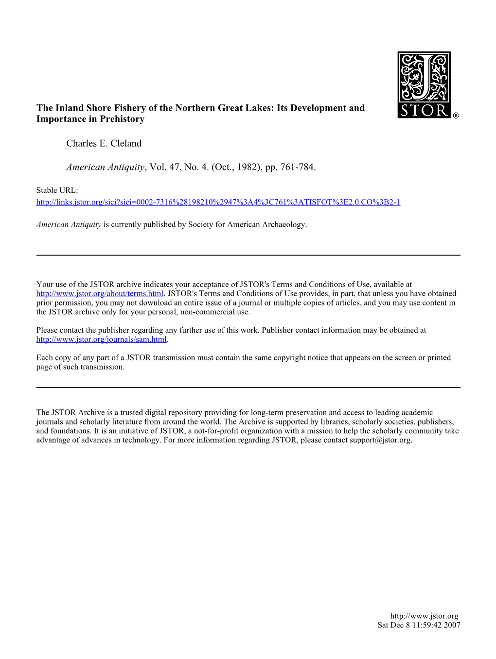 The Inland Shore Fishery of the Northern Great Lakes: Its Development and Importance in Prehistory