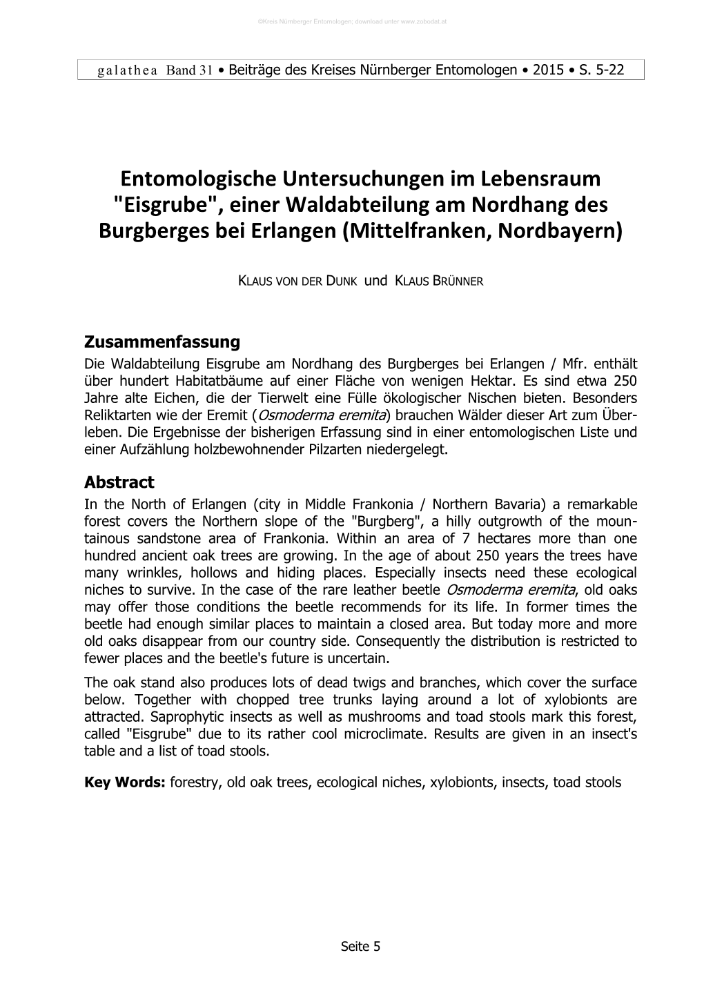 Entomologische Untersuchungen Im Lebensraum "Eisgrube", Einer Waldabteilung Am Nordhang Des Burgberges Bei Erlangen (Mittelfranken, Nordbayern)