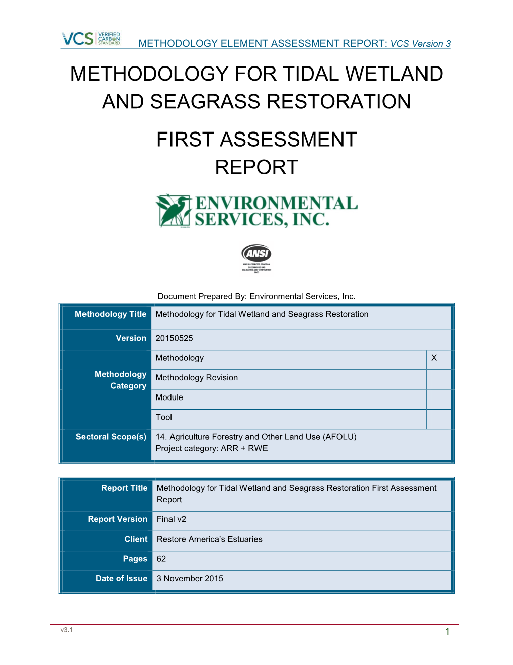 Methodology for Tidal Wetland and Seagrass Restoration First Assessment Report