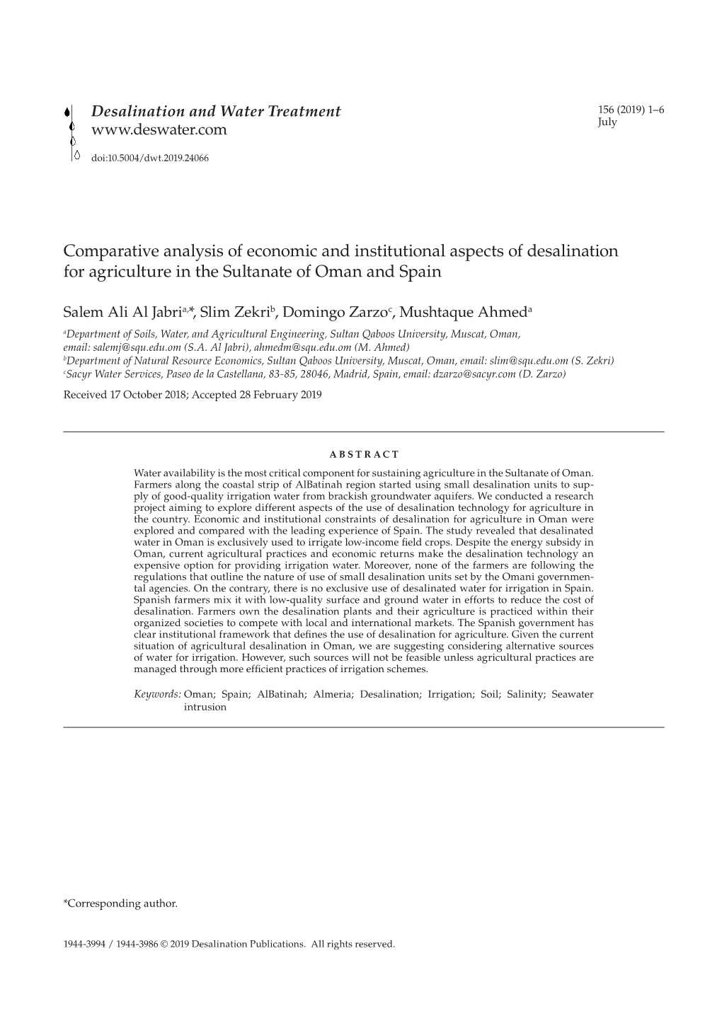 Comparative Analysis of Economic and Institutional Aspects of Desalination for Agriculture in the Sultanate of Oman and Spain