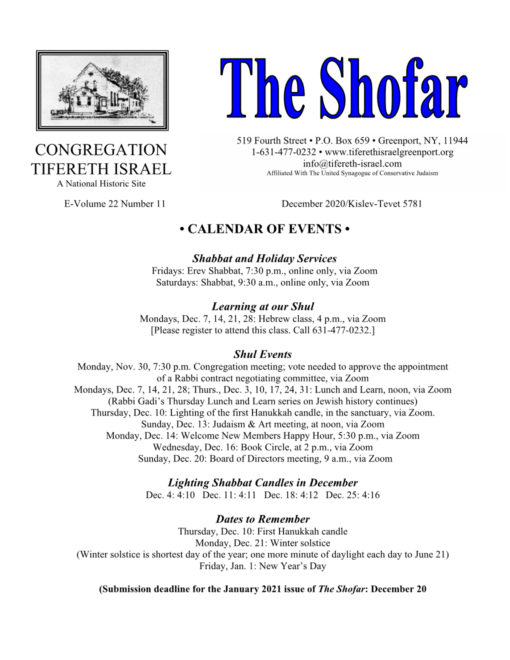 Shofar: December 20 from the Rabbi…