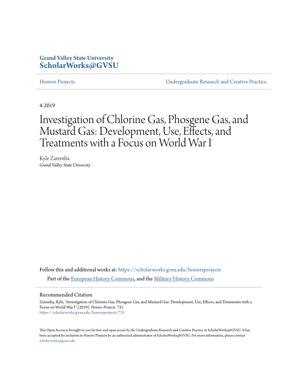 Investigation of Chlorine Gas, Phosgene Gas, and Mustard