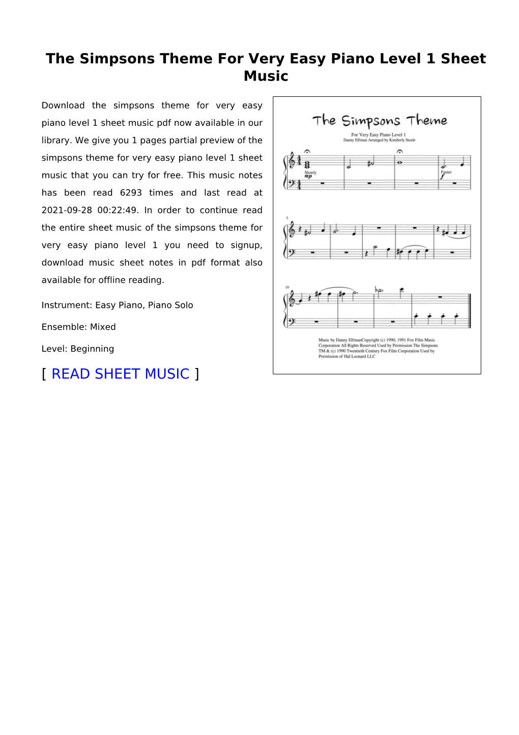 The Simpsons Theme for Very Easy Piano Level 1 Sheet Music