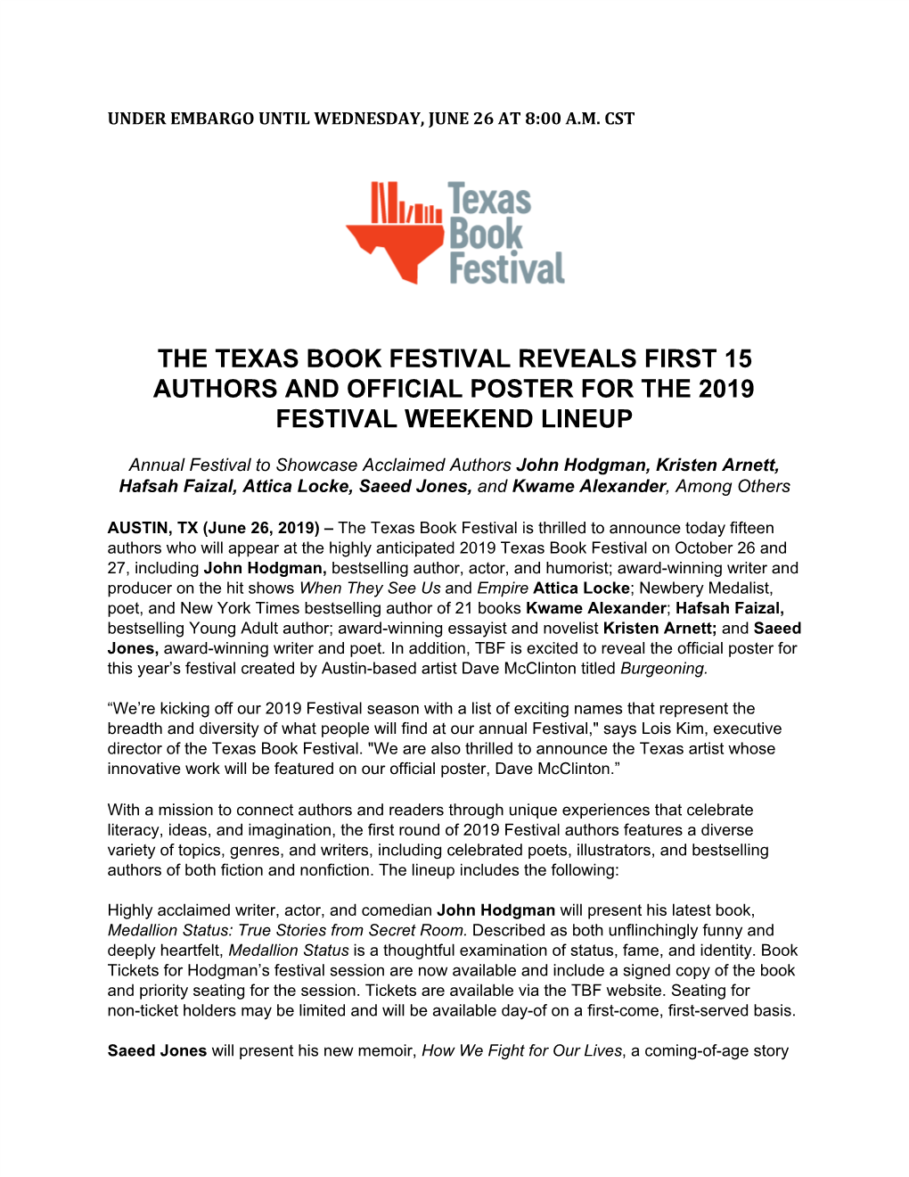 The Texas Book Festival Reveals First 15 Authors and Official Poster for the 2019 Festival Weekend Lineup