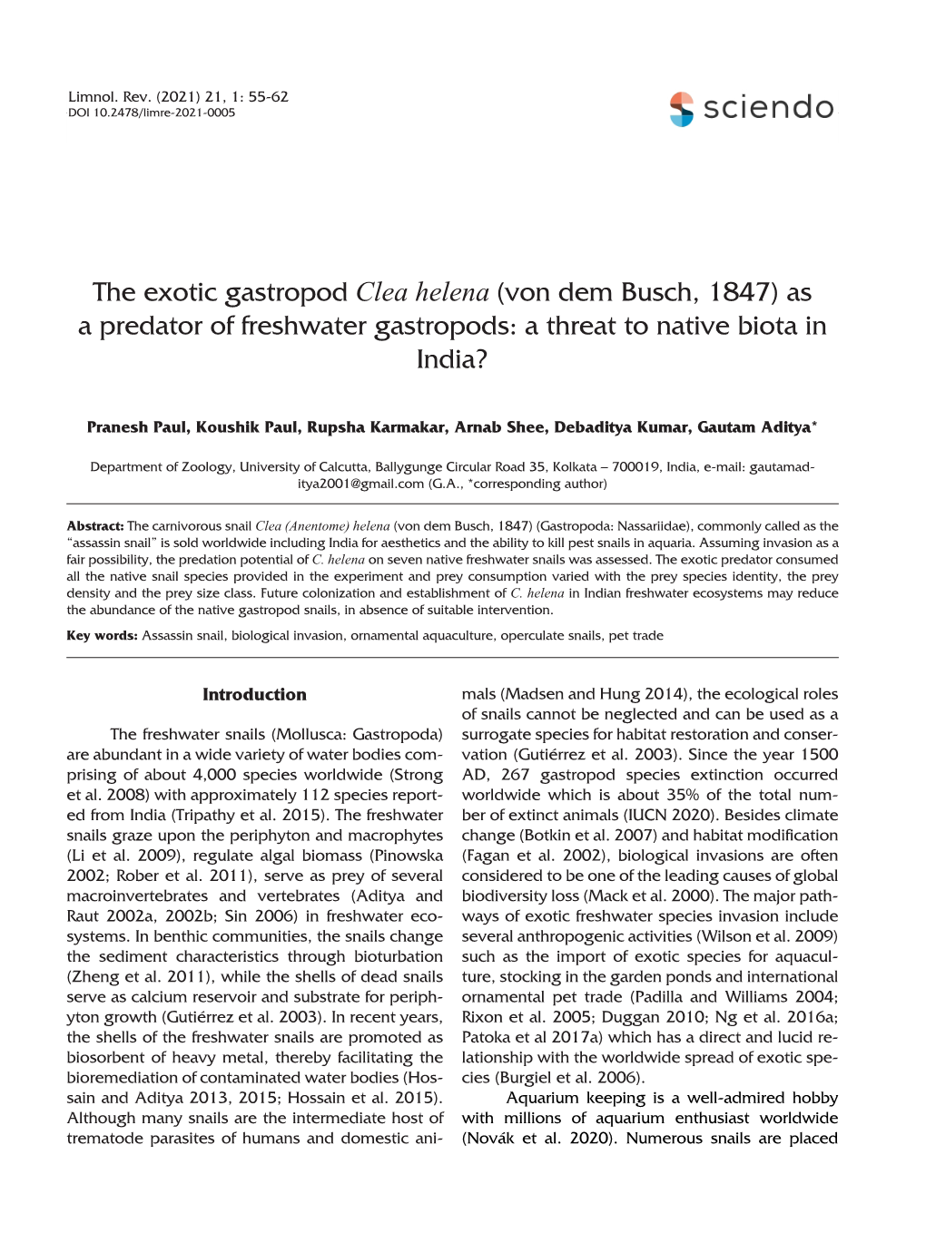 Clea Helena (Von Dem Busch, 1847) As a Predator of Freshwater Gastropods: a Threat to Native Biota in India?