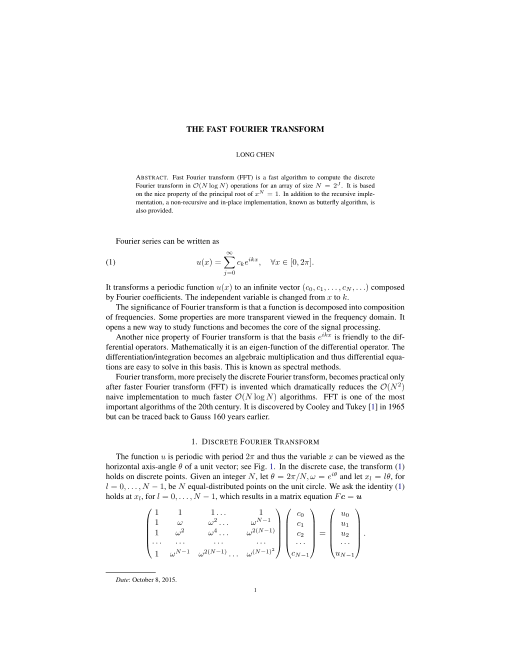 THE FAST FOURIER TRANSFORM Fourier Series