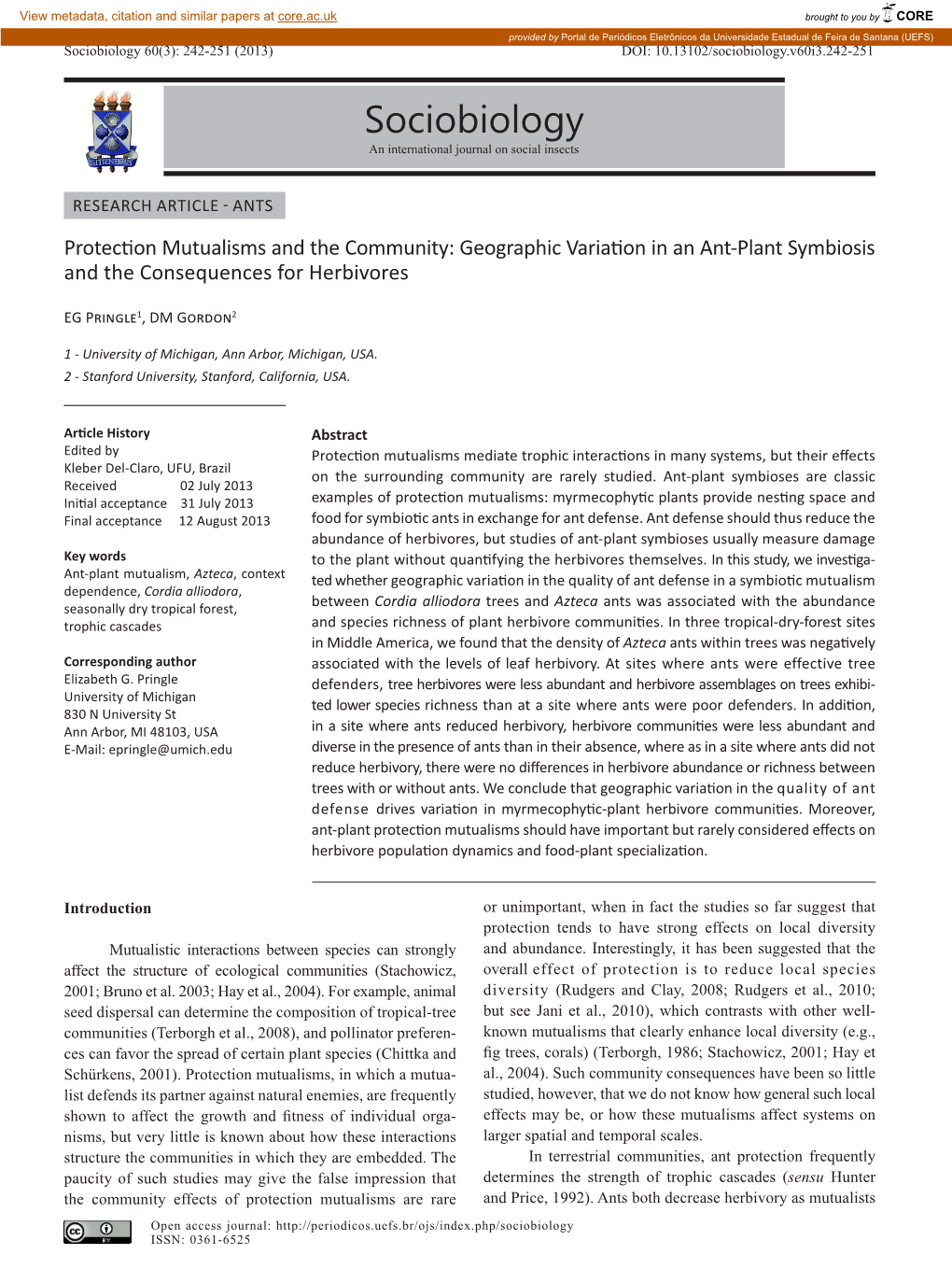 Sociobiology 60(3): 242-251 (2013) DOI: 10.13102/Sociobiology.V60i3.242-251