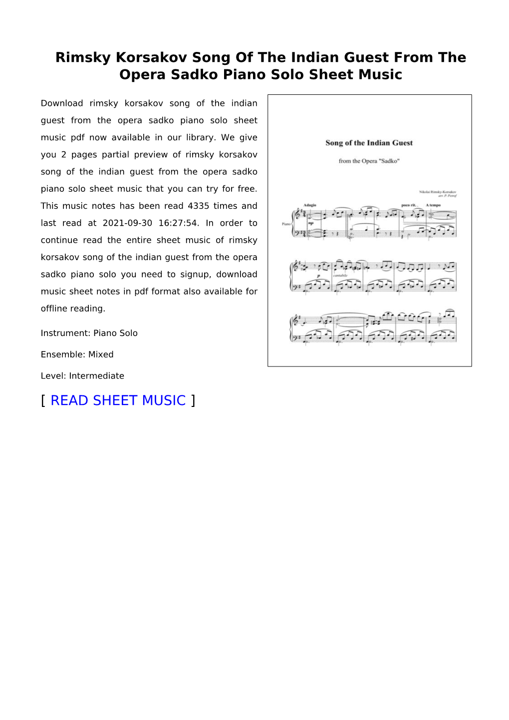 Rimsky Korsakov Song of the Indian Guest from the Opera Sadko Piano Solo Sheet Music