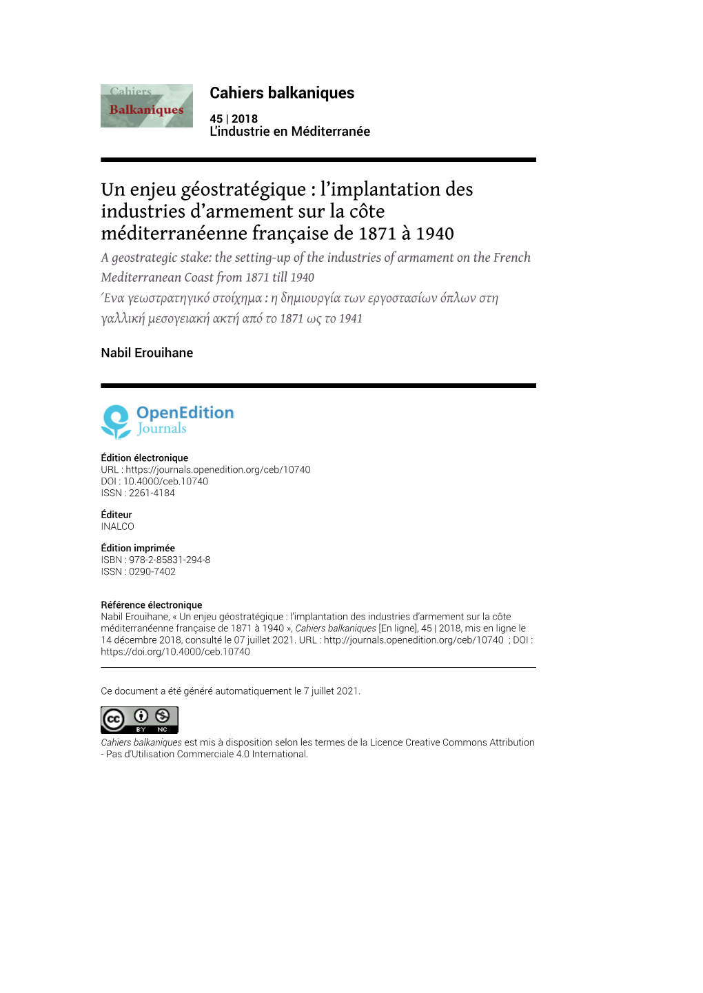 Cahiers Balkaniques, 45 | 2018 Un Enjeu Géostratégique : L’Implantation Des Industries D’Armement Sur La Côt