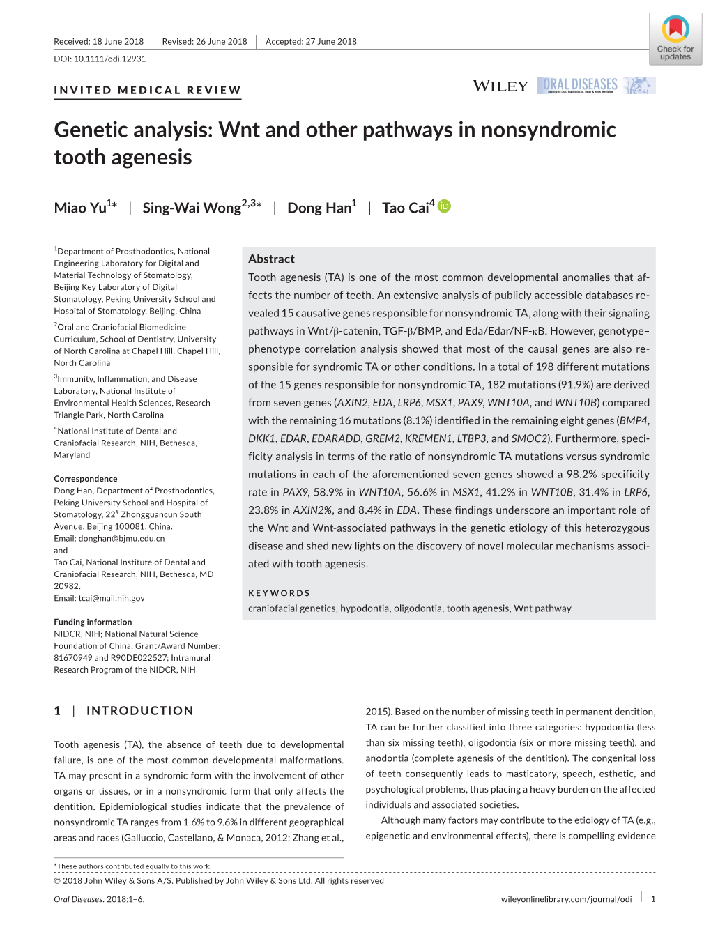 Wnt and Other Pathways in Nonsyndromic Tooth Agenesis