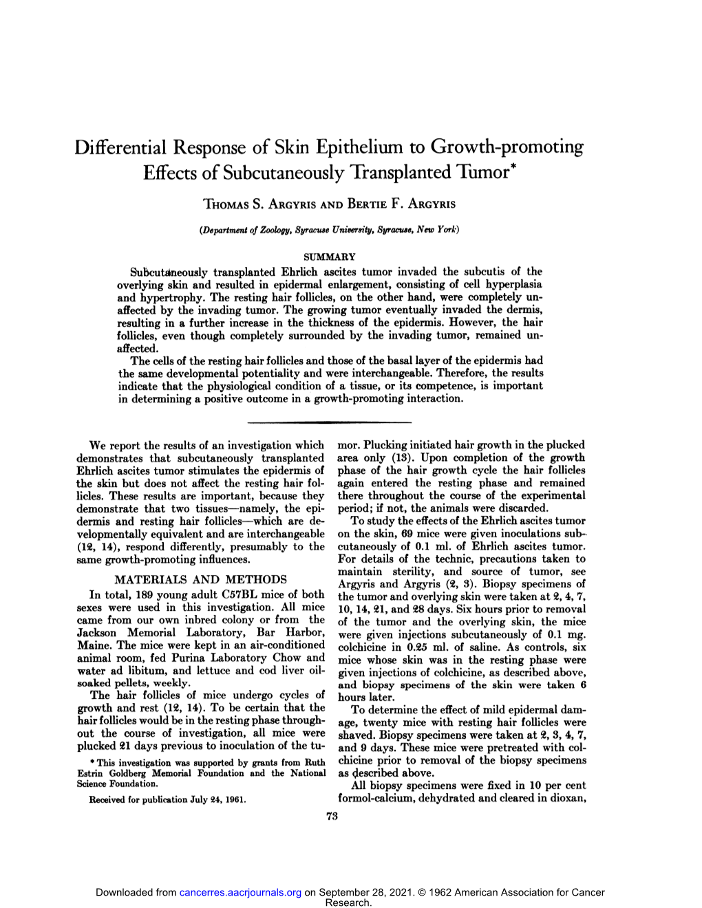 Differential Response of Skin Epithelium to Growth-Promoting Effects of Subcutaneously Transplanted Tumor*