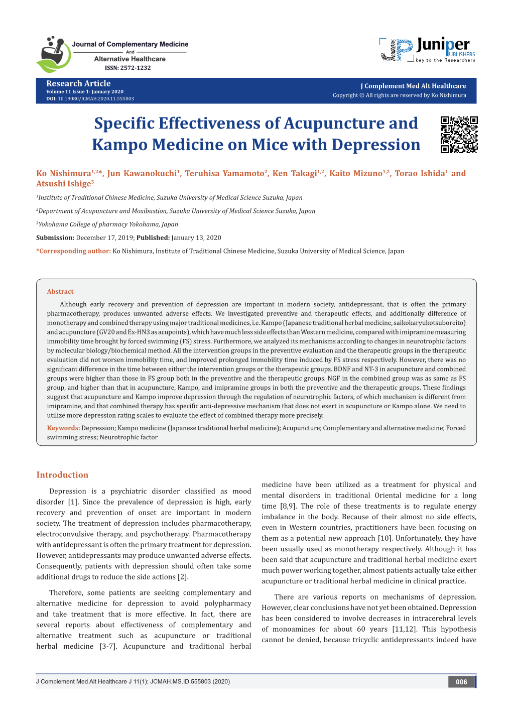 Specific Effectiveness of Acupuncture and Kampo Medicine on Mice with Depression