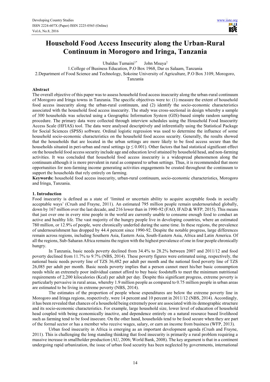 Household Food Access Insecurity Along the Urban-Rural Continuum in Morogoro and Iringa, Tanzania