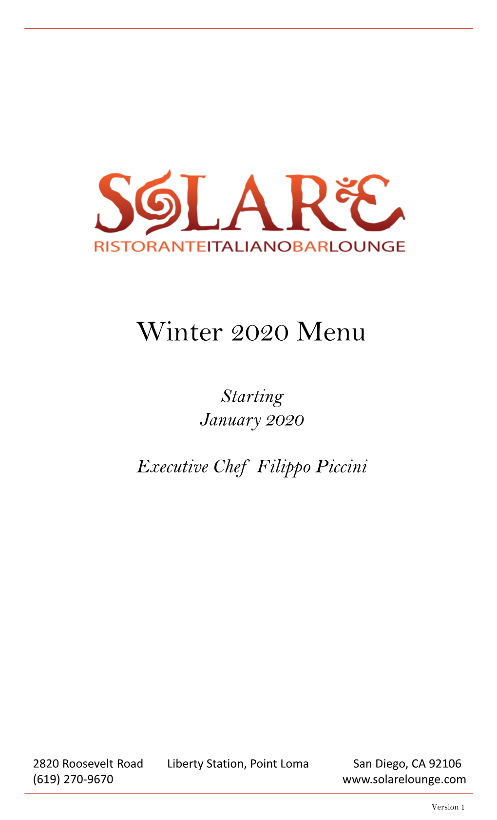 Winter 2020 Menu