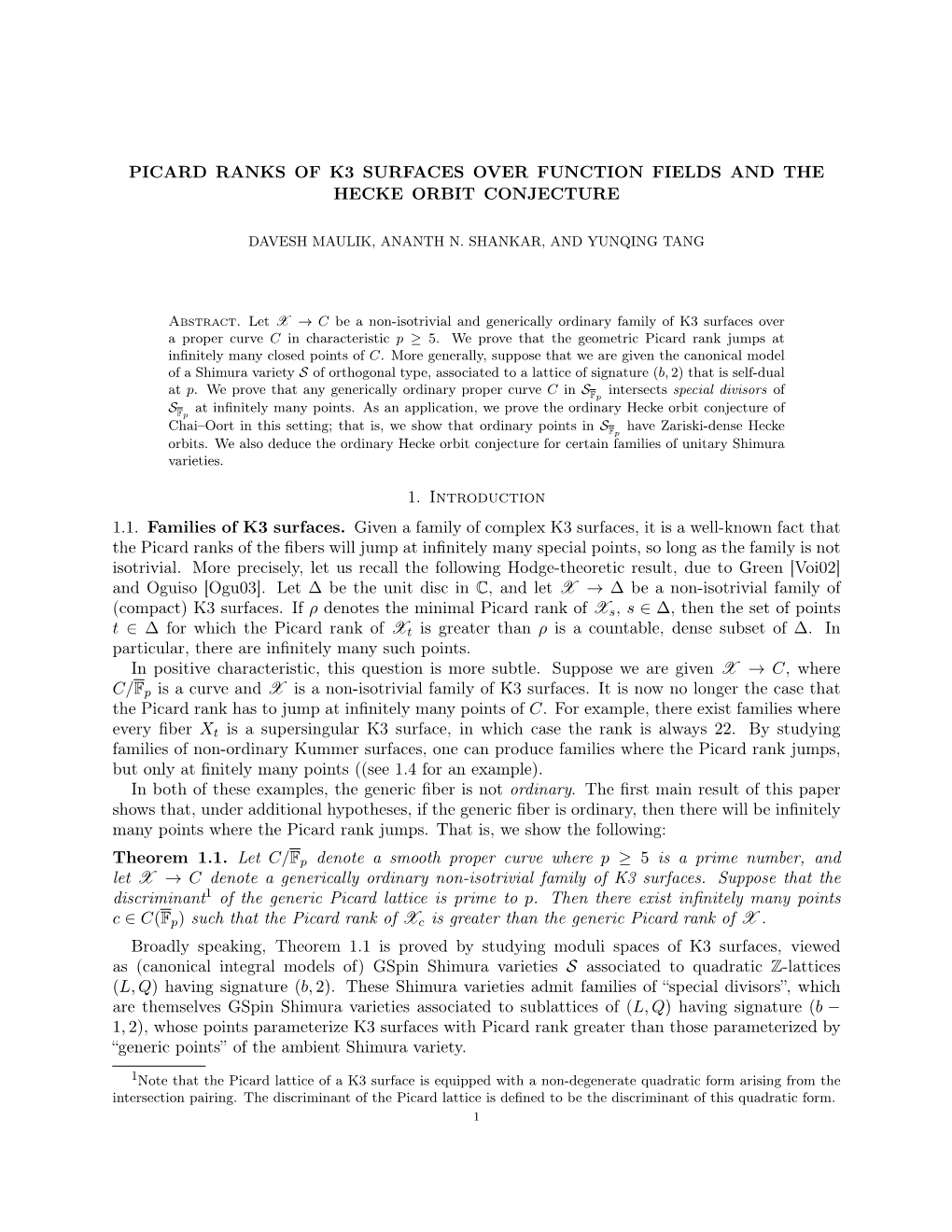 Picard Ranks of K3 Surfaces Over Function Fields and the Hecke Orbit Conjecture