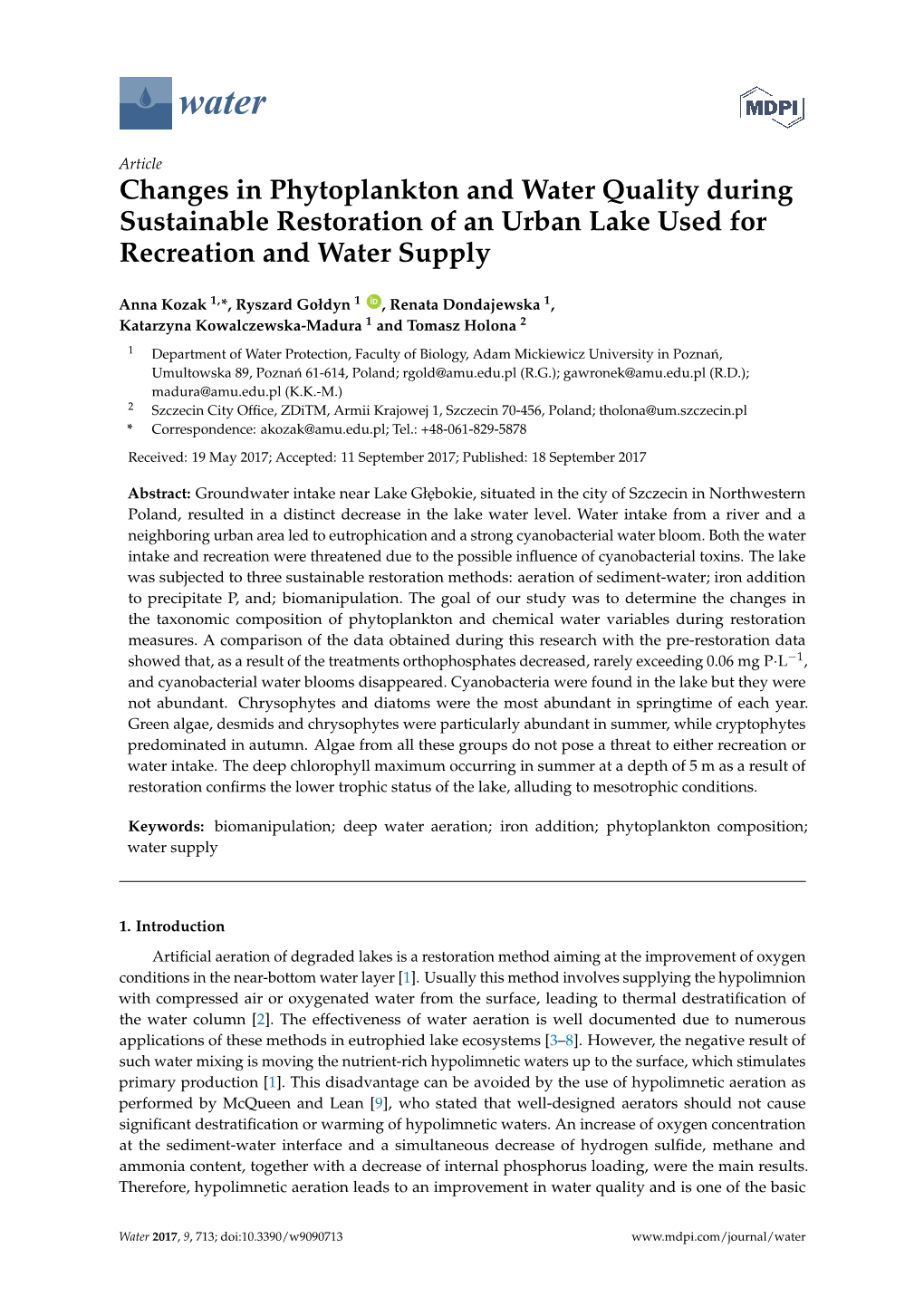 Changes in Phytoplankton and Water Quality During Sustainable Restoration of an Urban Lake Used for Recreation and Water Supply