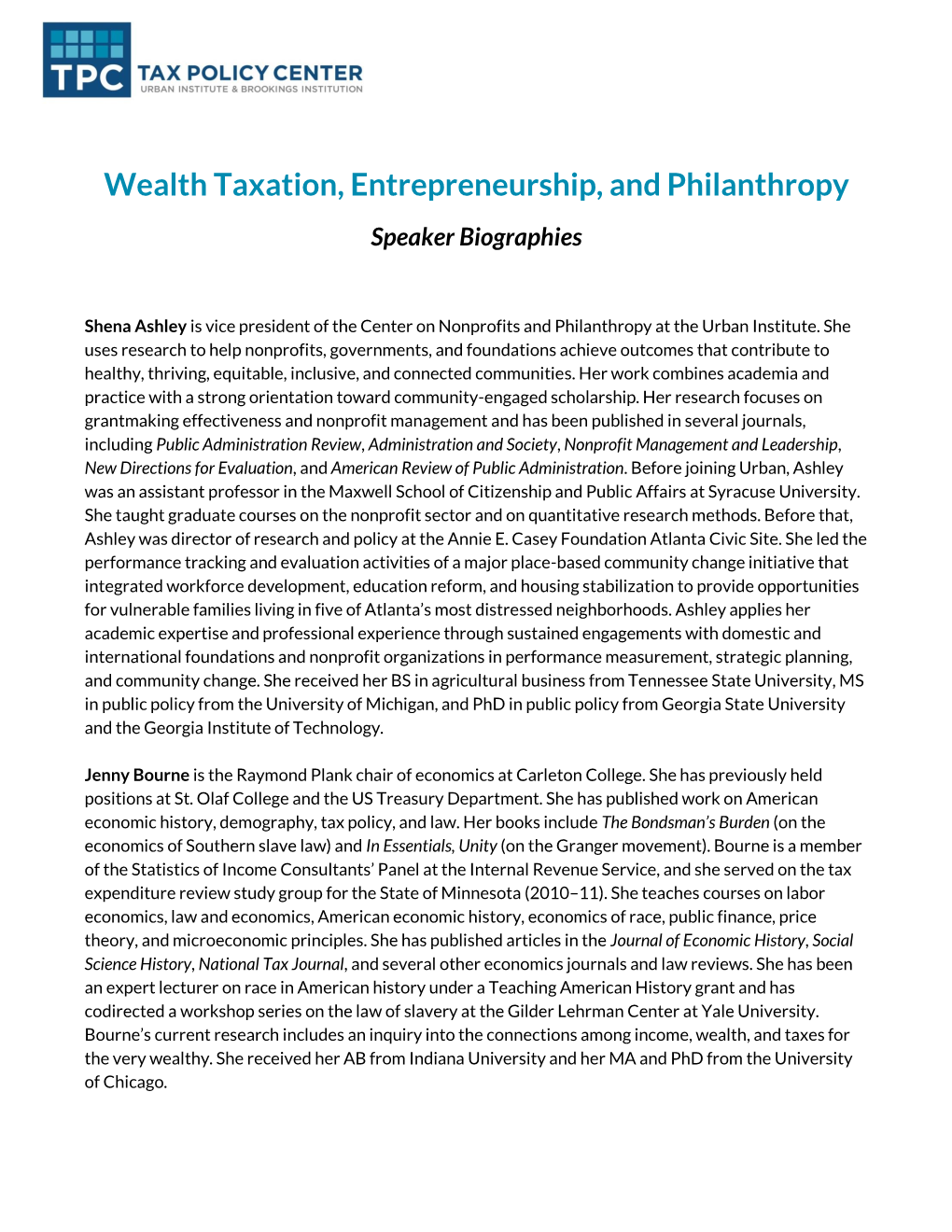 Wealth Taxation, Entrepreneurship, and Philanthropy Speaker Biographies