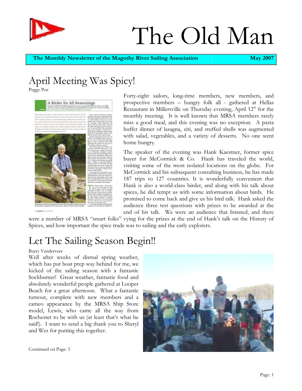 The Old Man the Monthly Newsletter of the Magothy River Sailing Association May 2007
