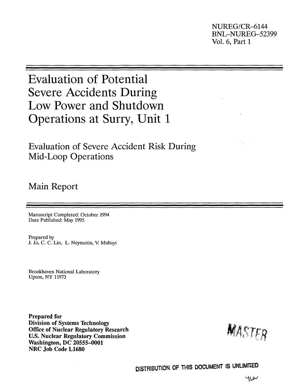 Evaluation of Potential Severe Accidents During Low Power and Shutdown Operations at Surry, Unit 1