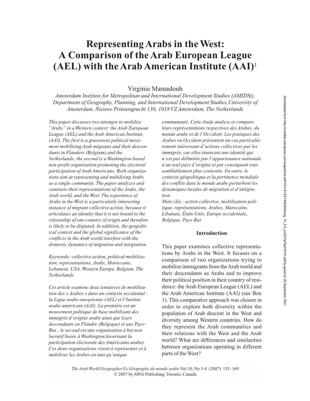 Representing Arabs in the West: a Comparison of the Arab European League (AEL) with the Arab American Institute (AAI)1