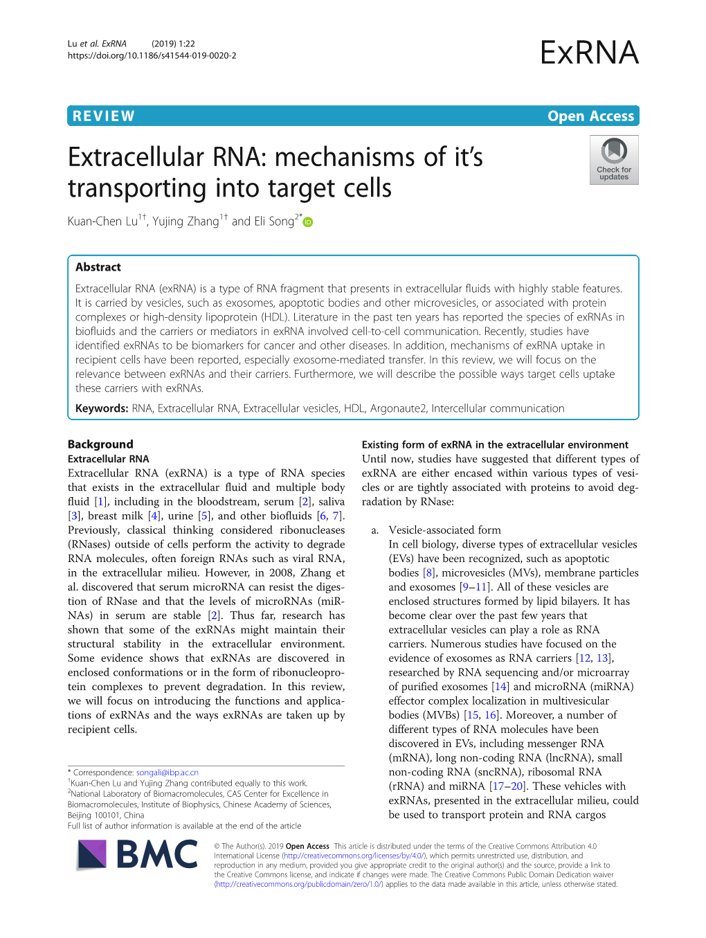 Extracellular RNA: Mechanisms of It’S Transporting Into Target Cells Kuan-Chen Lu1†, Yujing Zhang1† and Eli Song2*