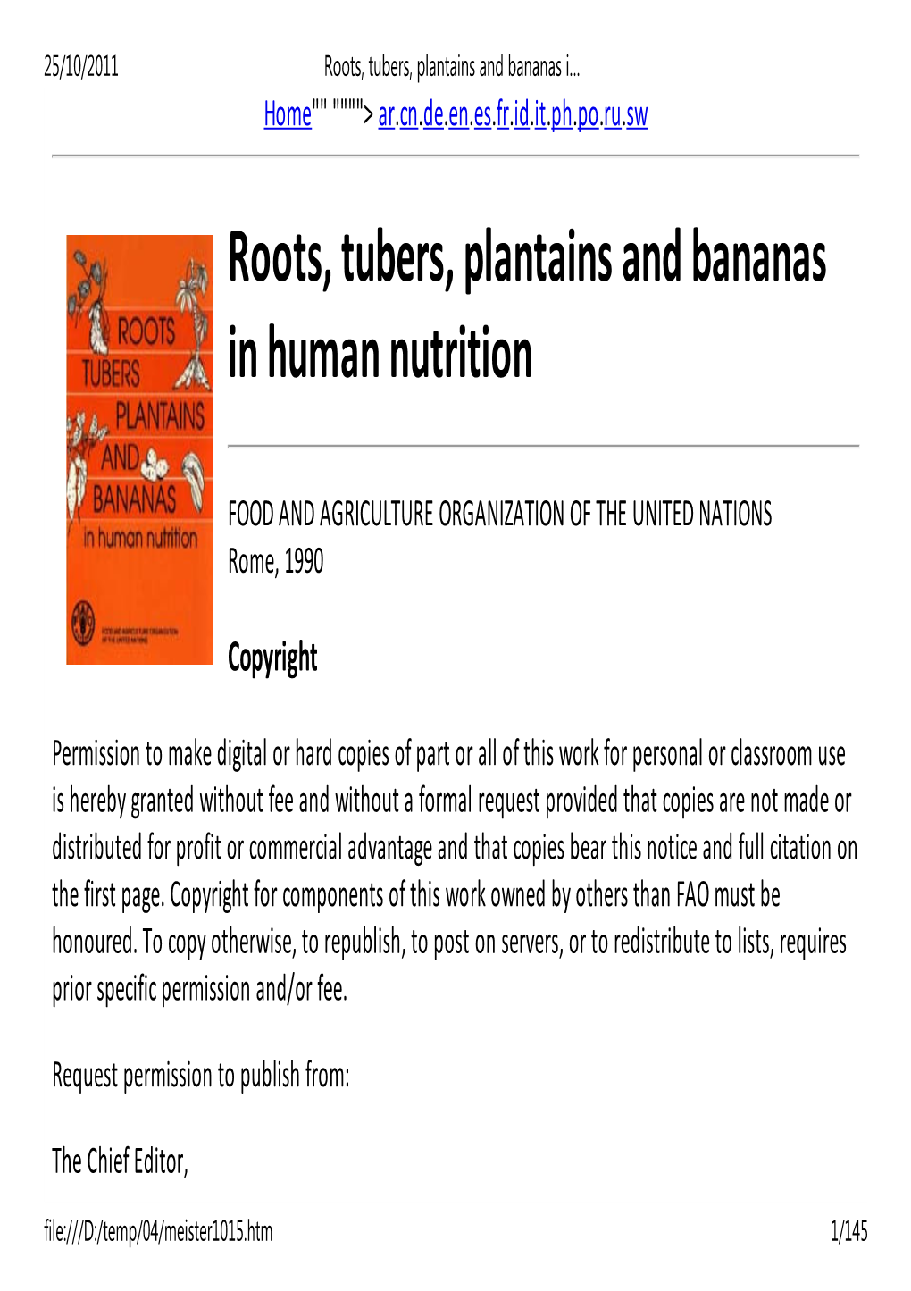 Roots, Tubers, Plantains and Bananas in Human Nutrition