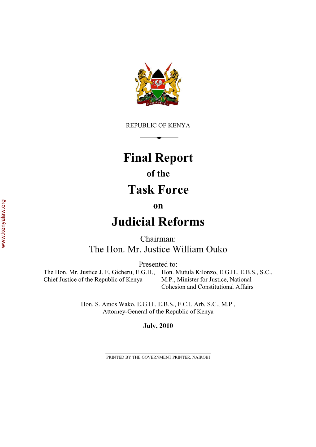 Final Report of the Task Force on Judicial Reforms Chairman: the Hon