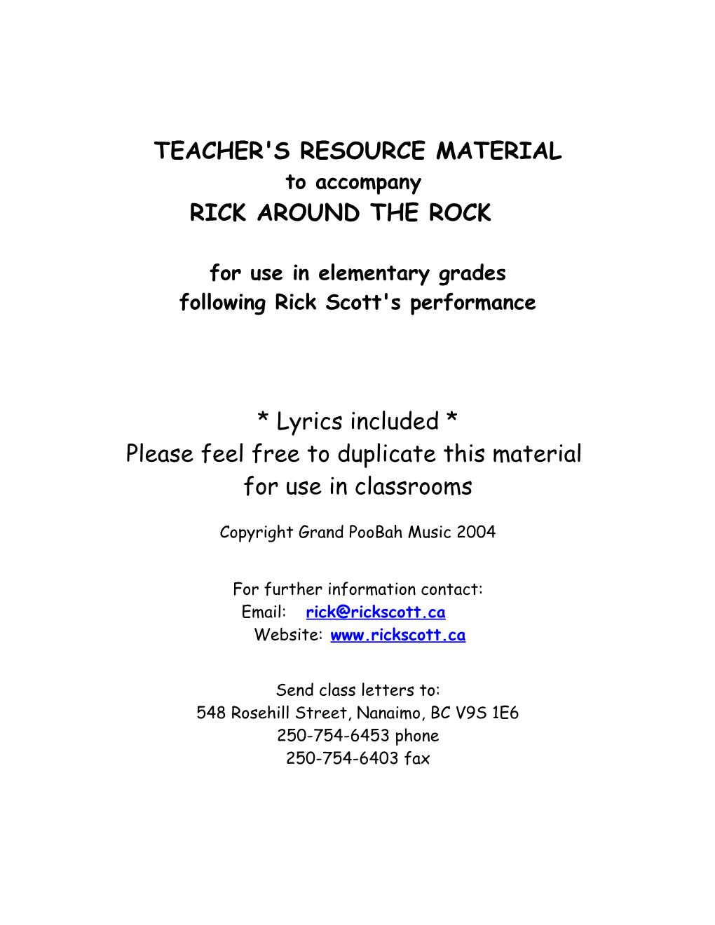 Teacher's Resource Material