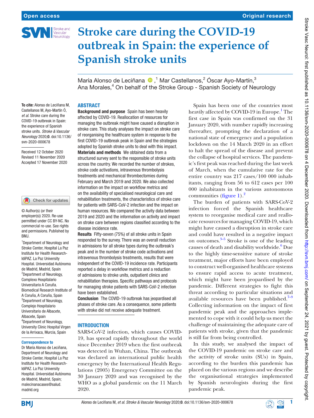 Stroke Care During the COVID-19 Outbreak in Spain: the Experience of Spanish Stroke Units