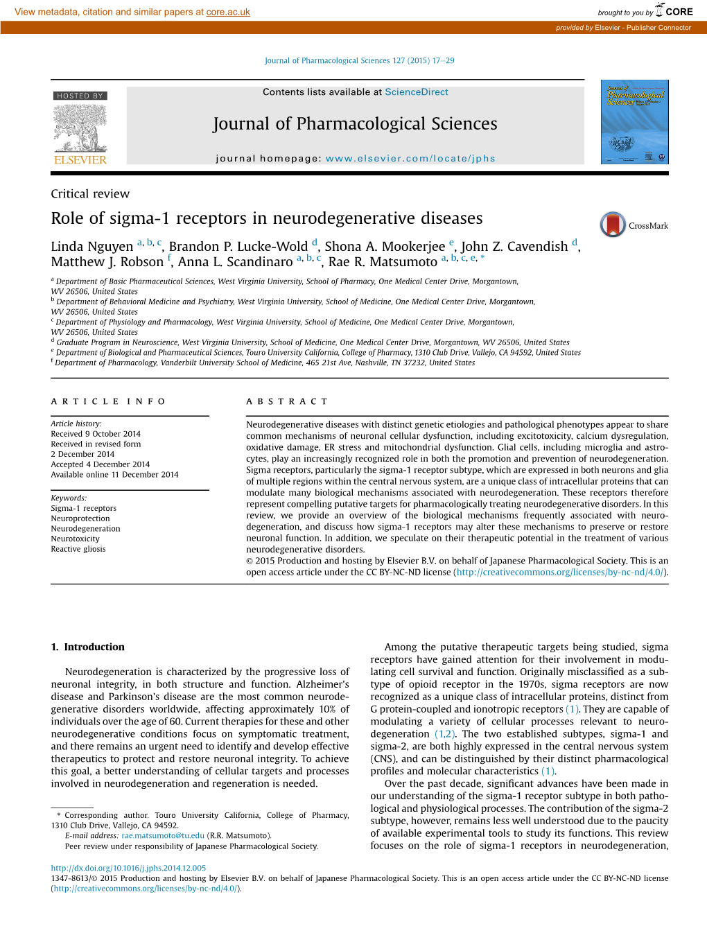 Role of Sigma-1 Receptors in Neurodegenerative Diseases