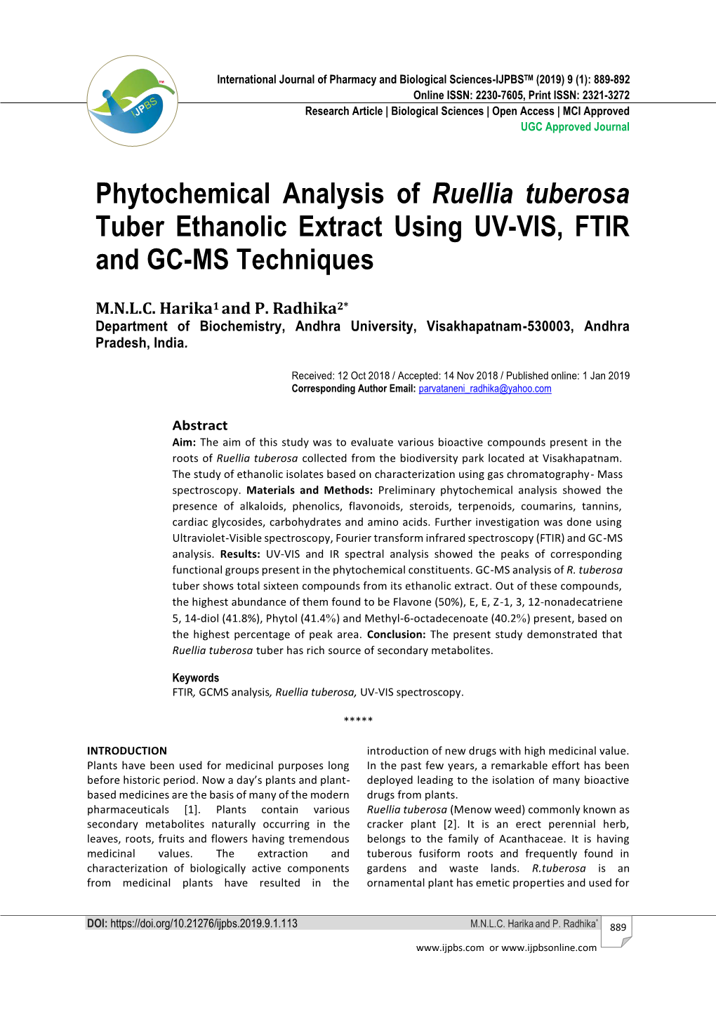 Phytochemical Analysis of Ruellia Tuberosa Tuber Ethanolic Extract Using UV-VIS, FTIR and GC-MS Techniques