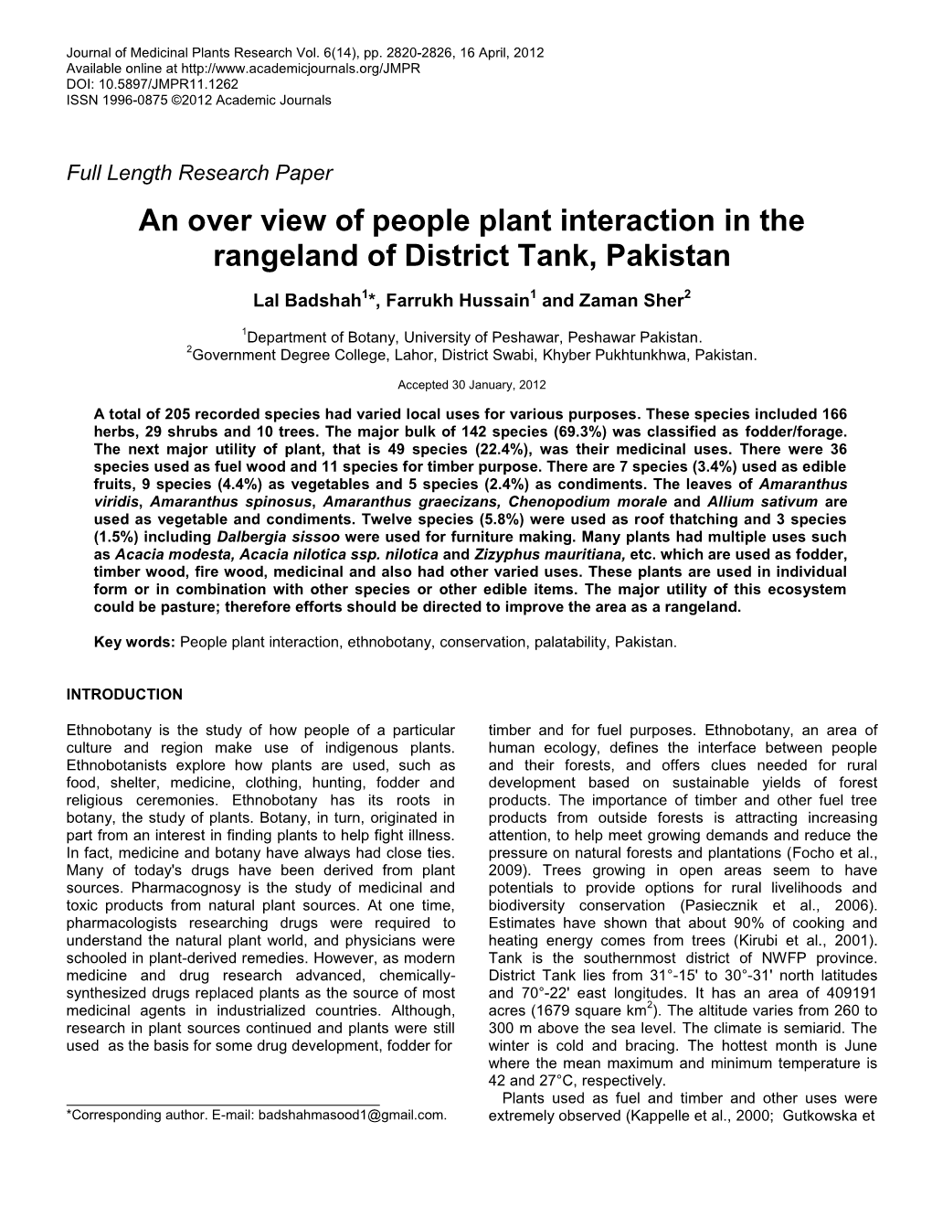 An Over View of People Plant Interaction in the Rangeland of District Tank, Pakistan