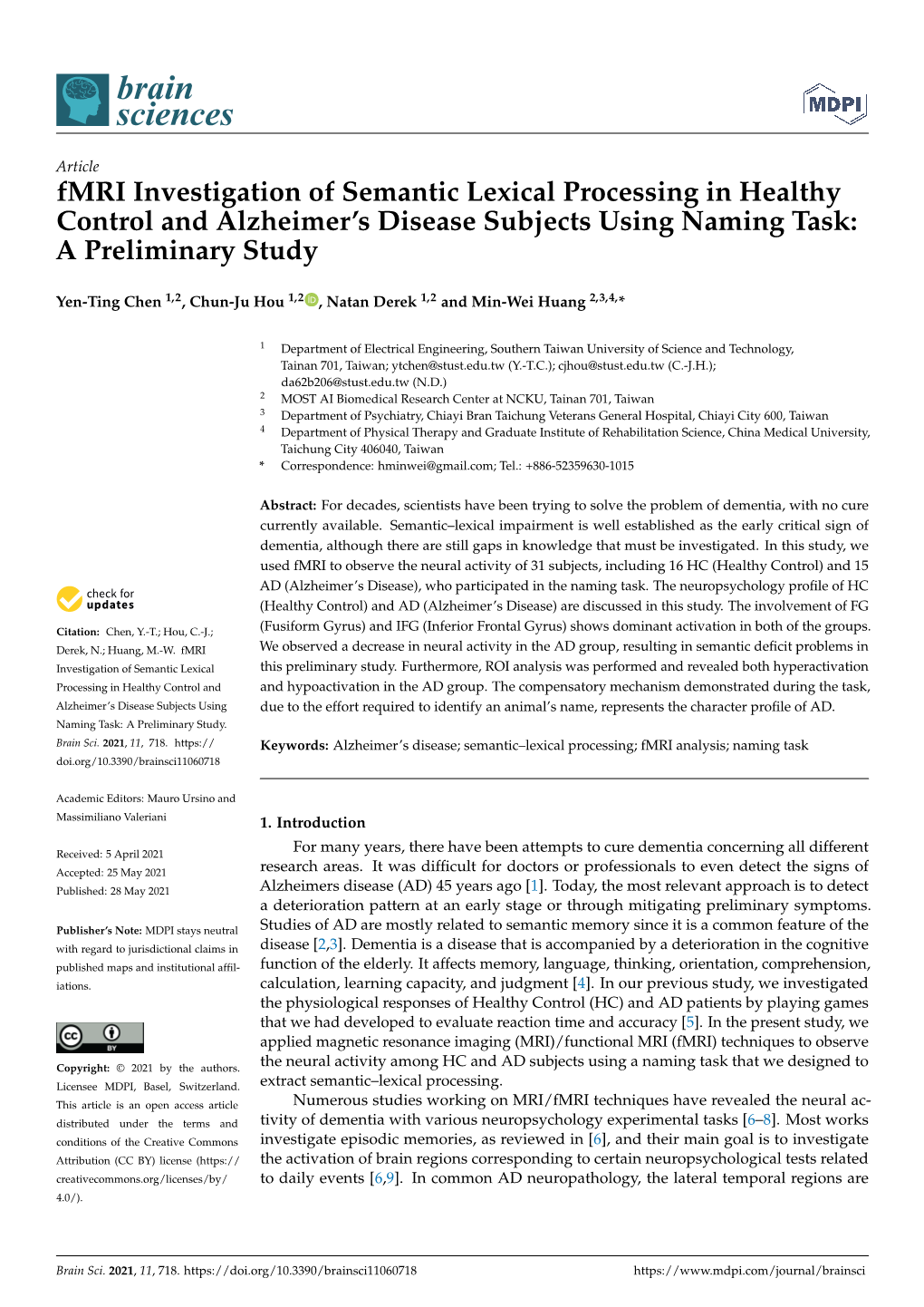 Fmri Investigation of Semantic Lexical Processing in Healthy Control and Alzheimer’S Disease Subjects Using Naming Task: a Preliminary Study
