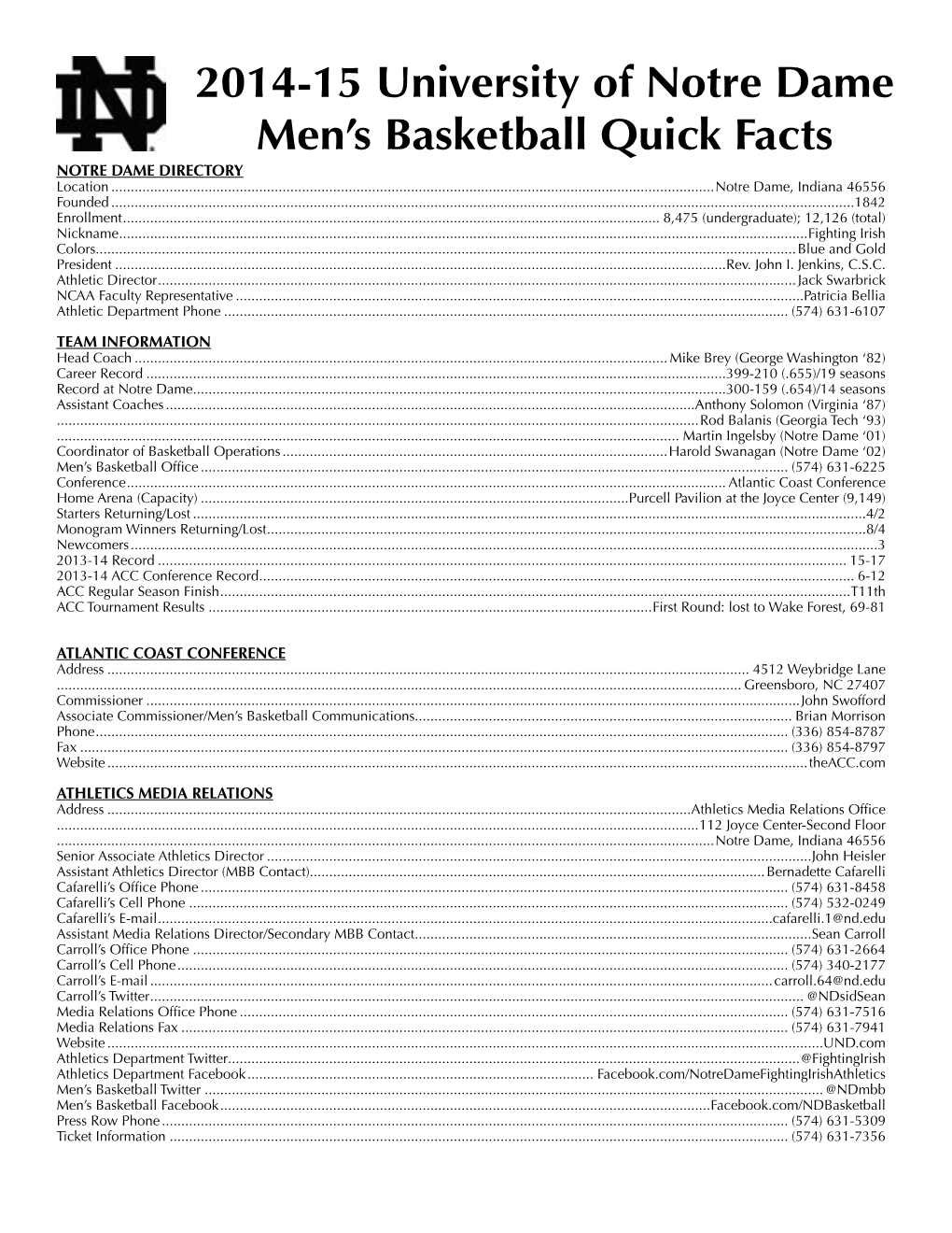 2014-15 University of Notre Dame Men's Basketball Quick Facts