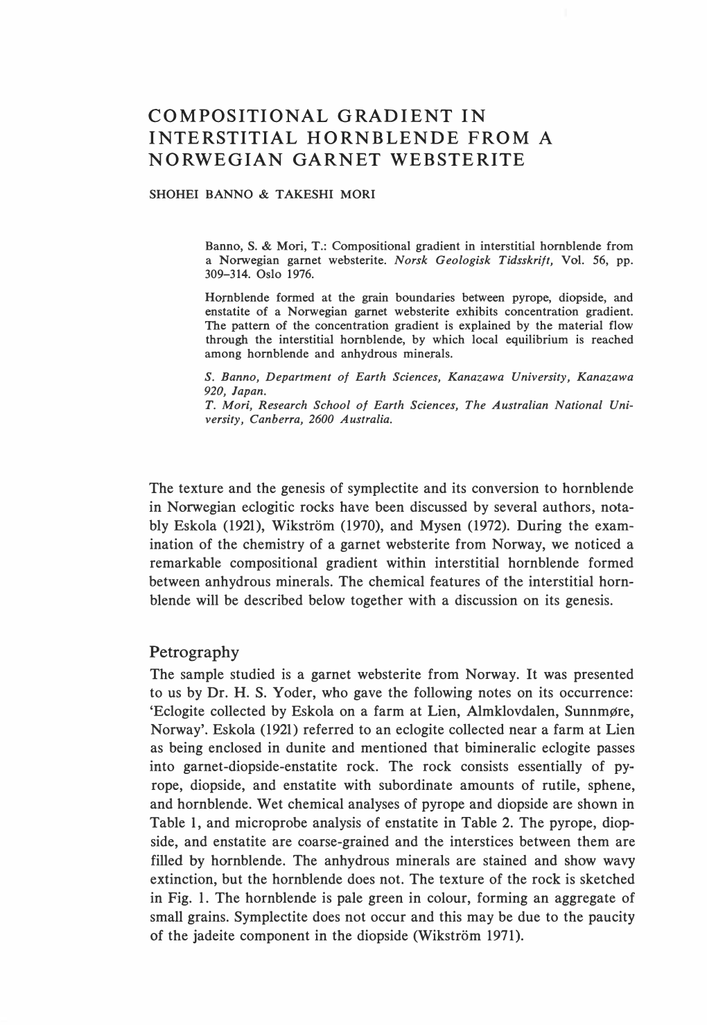 Compositional Gradient in Interstitial Hornblende from a Norwegian Garnet Websterite