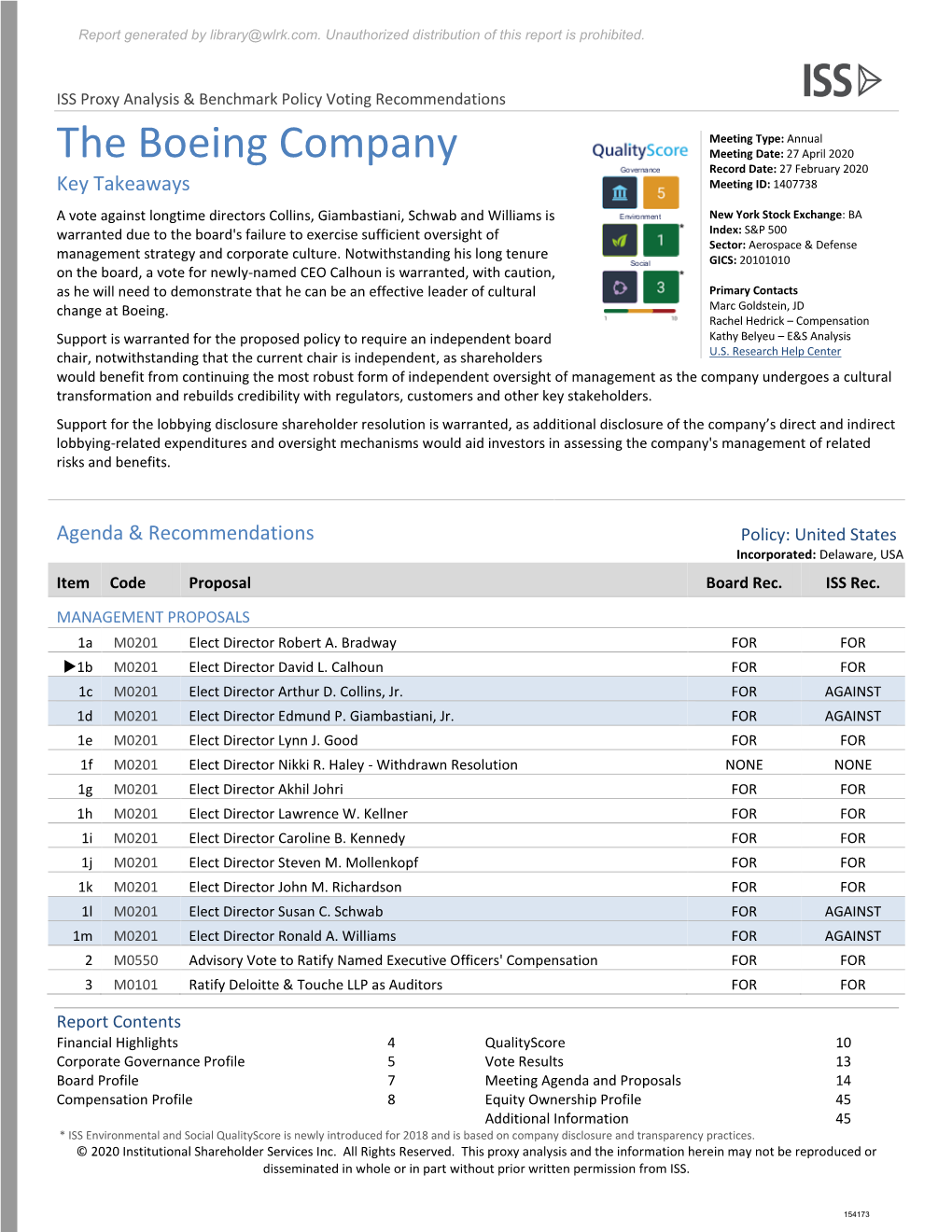 The Boeing Company Meeting Date: 27 April 2020 Record Date: 27 February 2020 Key Takeaways Meeting ID: 1407738