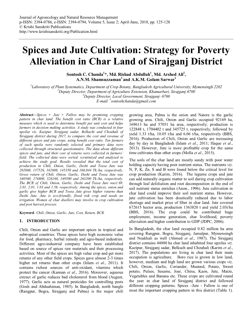 Spices and Jute Cultivation: Strategy for Poverty Alleviation in Char Land of Sirajganj District