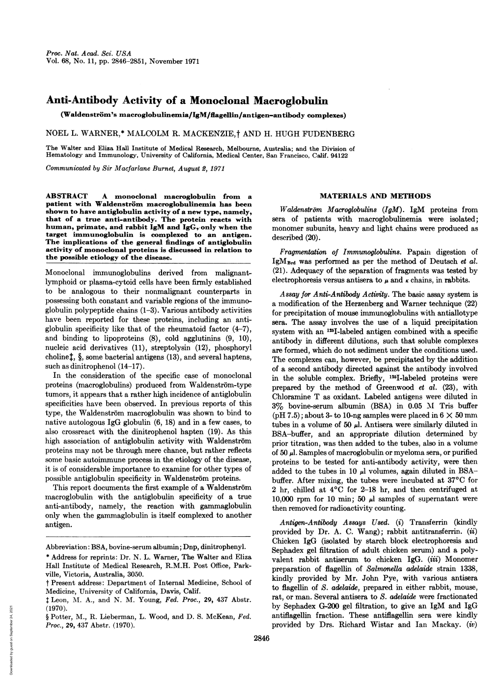 Anti-Antibody Activity of a Monoclonal Macroglobulin (Waldenstroim's Macroglobulinemia/Igm/Flagellin/Antigen-Antibody Complexes)